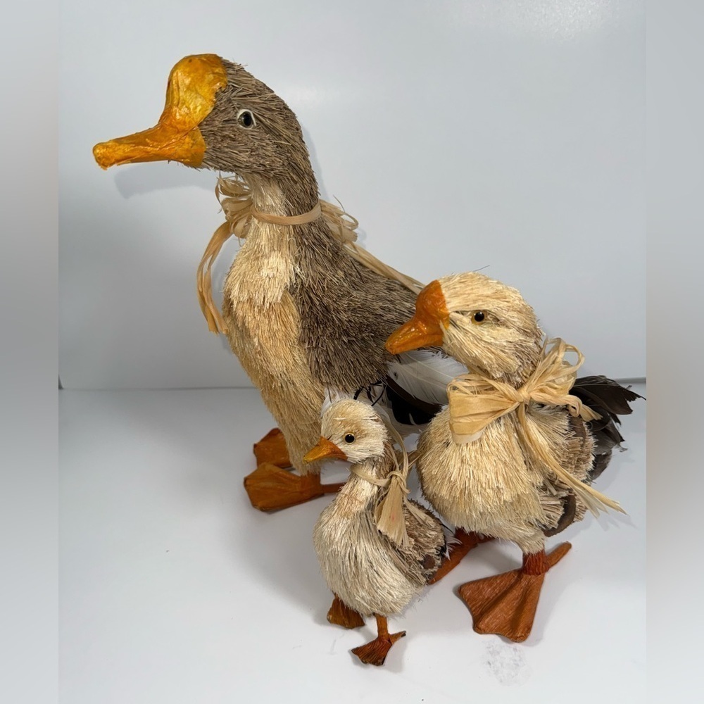 Vintage straw/feathers duck set of three -family